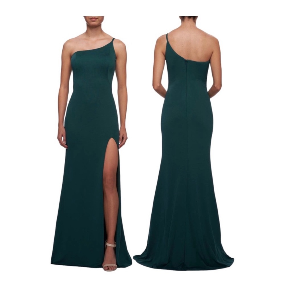Green One-Shoulder La Femme Jersey Gown